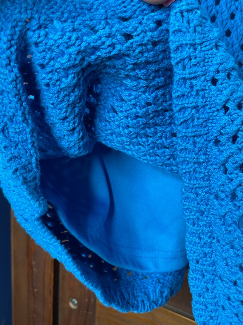 Skies Are Blue Blue Crochet Sweater Top Ruffle Sleeve Boho Coastal Resort Size L - Picture 3 of 6